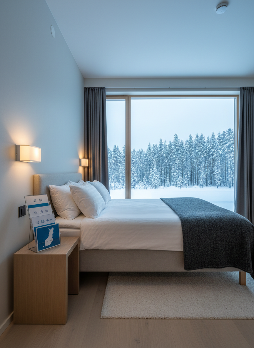 A cozy, high-end Finnish accommodation interior in photographic realism, designed to convey trust and comfort. A neatly made bed with crisp white linens, a thick charcoal grey wool throw, and plump pillows faces a large floor-to-ceiling window looking out onto a snowy pine forest. On a small bedside table, a simple travel brochure holder displays abstract, text-free travel icons and a stylized map of Finland. Warm, diffused ambient lighting from a modern wall sconce combines with the cool bluish daylight from outside, creating balanced, inviting illumination. Shot at eye level with a slight wide-angle lens to capture both the room and the winter view, the composition feels professional, serene, and ideal for showcasing partner accommodations in Finland.