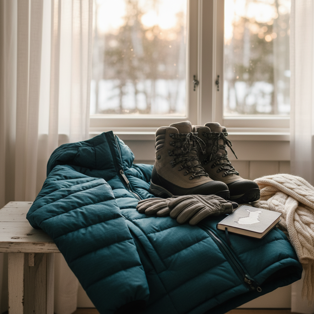 A detailed close-up of premium winter travel clothing and gear prepared for a Finland trip, photographed on a pale wooden bench near a window. A high-quality insulated parka in deep teal, waterproof hiking boots with visible tread, thermal gloves, and a neatly folded wool scarf are arranged with care. Beside them lies a small, closed notebook embossed with a simple map-outline of Finland, and a sleek travel card holder, hinting at organized services and providers. Soft morning daylight filters through sheer curtains, creating delicate highlights on fabric textures and subtle shadows that add depth. Captured at a slightly oblique angle with a shallow depth of field, the foreground garments are sharply detailed while the background fades into a gentle blur, conveying reliability, warmth, and readiness for Finnish adventures.