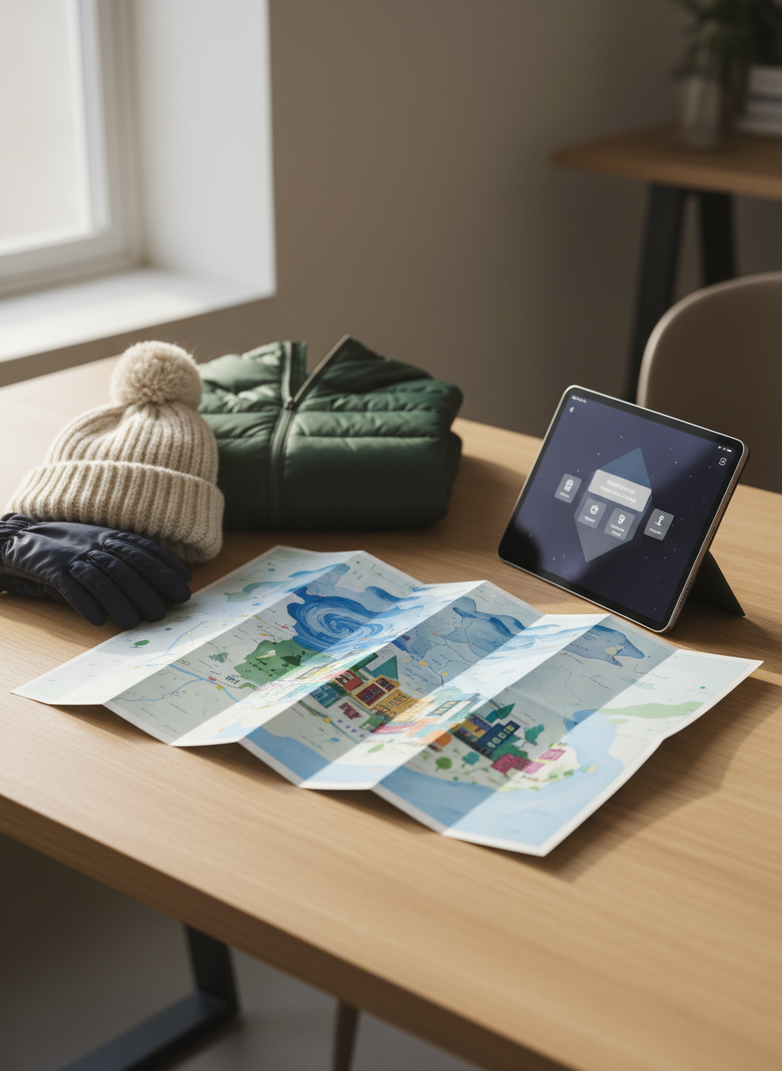 An inviting modern Finland travel planning scene on a light oak desk, photographed from a slightly elevated angle. At the center lies a detailed paper map of Finland with key regions like Lapland and Helsinki clearly illustrated as shapes and colors, surrounded by a sleek tablet displaying a stylized booking interface without readable text. Nearby, a woolen beanie, insulated gloves, and a folded down jacket in rich navy and forest green suggest winter travel preparation. Soft, natural window light from the left creates subtle highlights on the tablet screen and gentle shadows along the map folds, producing a clean, organized, and professional atmosphere. The background is softly blurred, emphasizing the tools and winter clothing as part of a trusted, easy-to-use travel ecosystem.