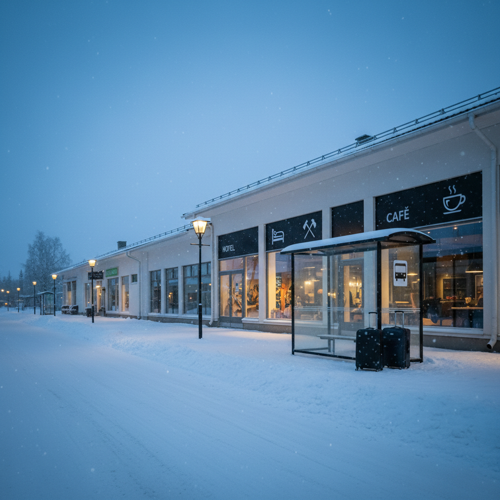 An atmospheric twilight street scene in a snowy Finnish town, captured in realistic photography, showcasing accessible local tourism services. A row of low-rise buildings with clean, modern facades houses a hotel, an outdoor gear rental shop, and a cozy café, all indicated by simple icon-based window decals instead of text. The street is freshly plowed, with neat snowbanks and subtle tire tracks, and a pair of upright, closed suitcases stands near a bus stop shelter, hinting at visiting travelers. Cool blue ambient light from the sky mixes with warm, inviting glow from the shop windows and street lamps, creating a balanced, welcoming mood. Shot from sidewalk level with a slight angle down the street, the composition draws the eye along the row of services that form part of a connected tourism ecosystem.