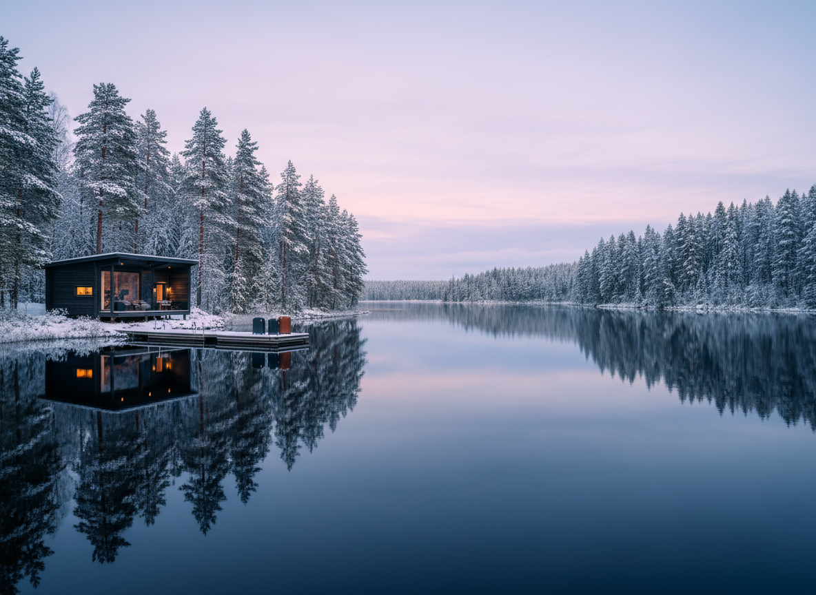 A snow-dusted Finnish lakeside at dusk, with a lit wooden cabin at the water’s edge.