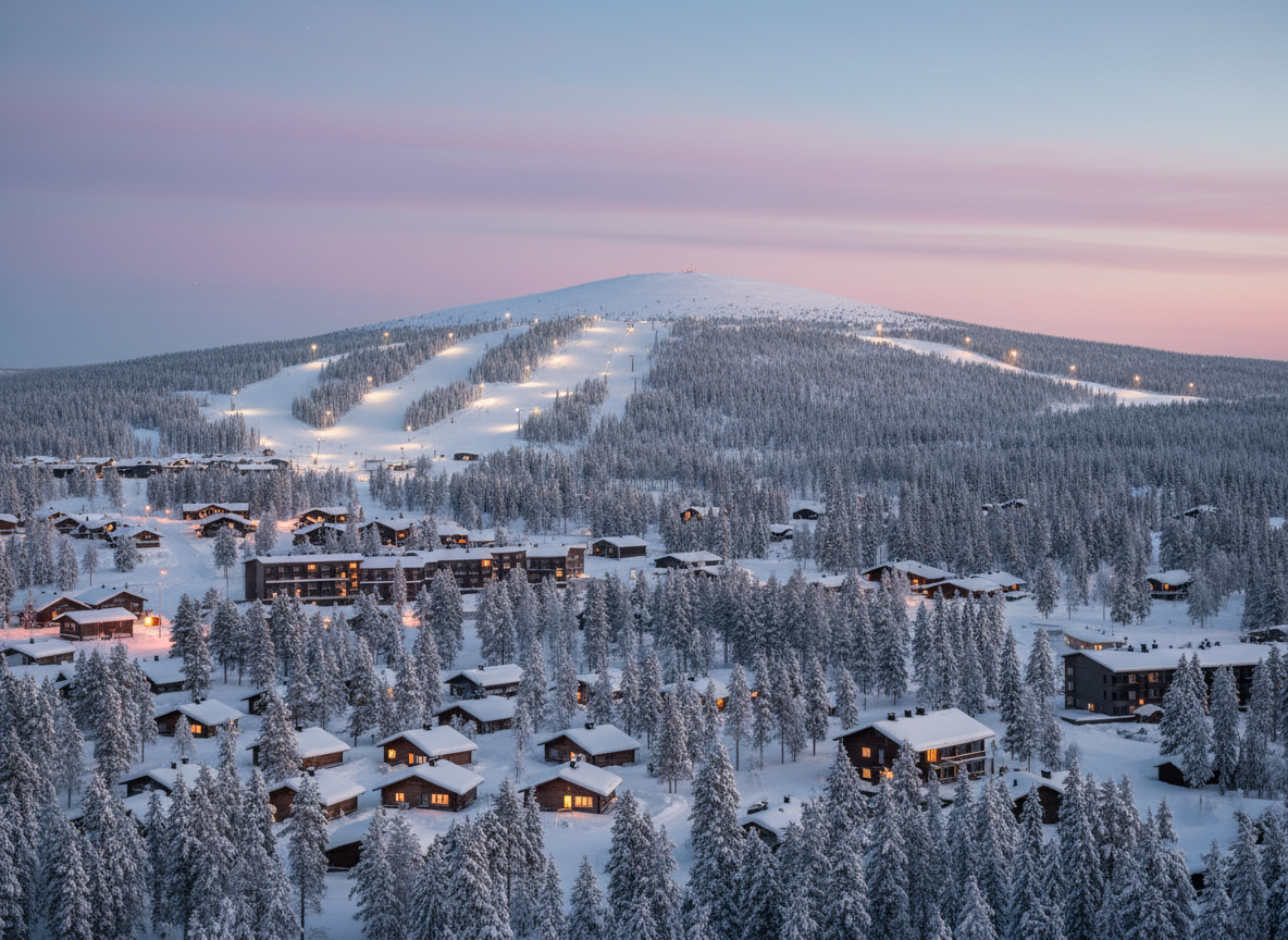 A Lapland ski village at blue hour: snowy cabins and pines at the foot of a rounded fell with floodlit ski slopes and warm lights in the windows.
