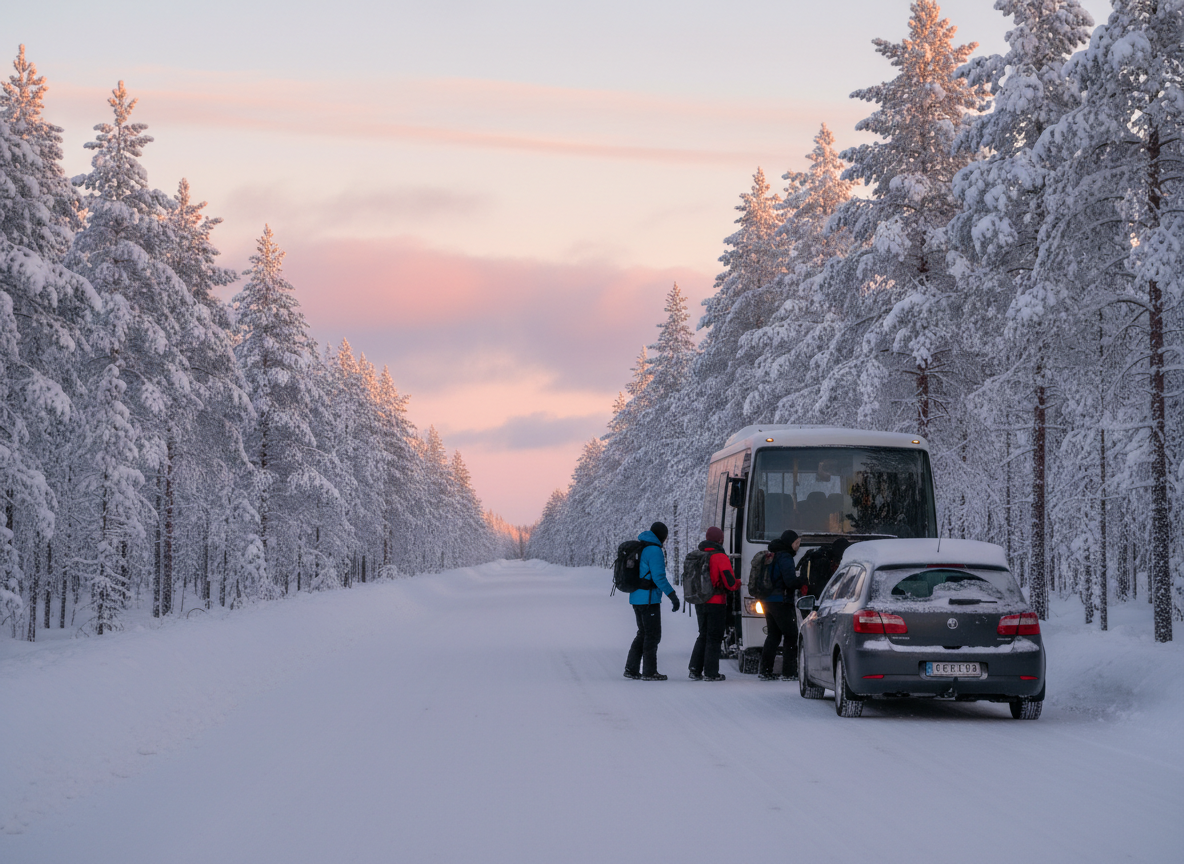 A snowy road through frosted pine forest in Lapland at midday twilight, with a small rental car at the roadside and a group of travellers boarding a white minibus further on.